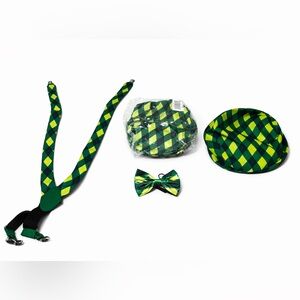 Spritz Green and Yellow Plaid Party Accessory Set - Hats , Bow Tie & Suspenders
